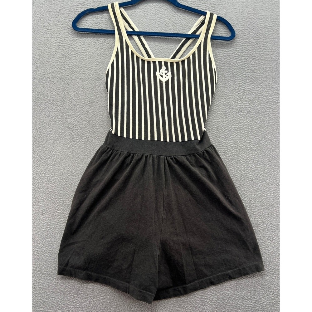 VTG South Point Swimsuit 8 Nautical Striped Anchor Romper Black White Cross Back